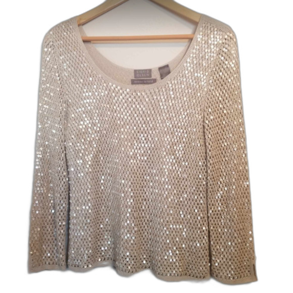 Sigrid Olsen Blouse Cream Beige Party Women's Sequins Hand Knitted Top M - Picture 1 of 12
